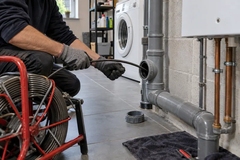Outil de débouchage introduit dans un raccord de visite accessible