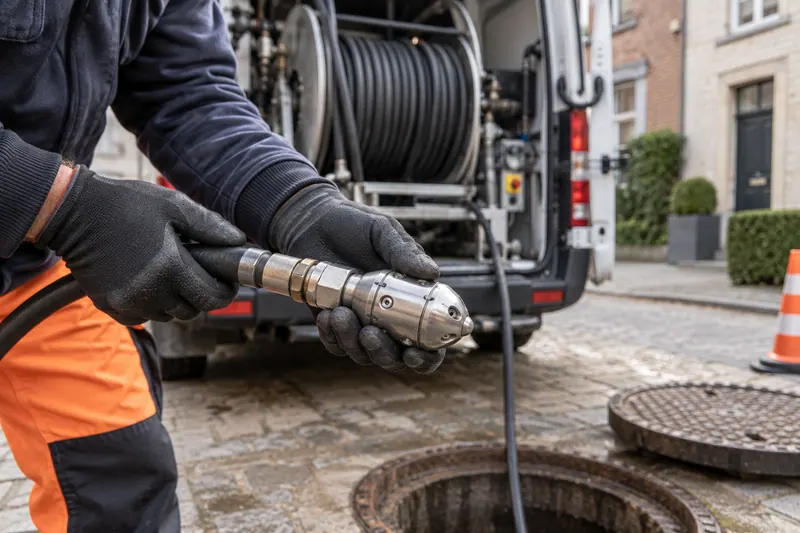 Buse de nettoyage de conduite examinée avec des gants