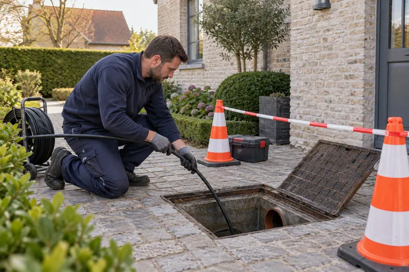 Illustration : technicien intervenant depuis l’extérieur d’un regard privé — Namur