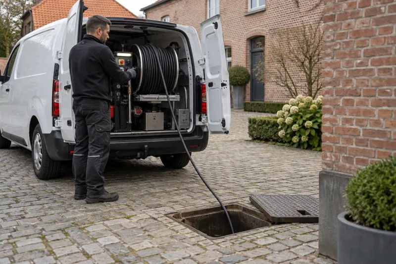 Enrouleur professionnel dans un utilitaire près d’un accès de drainage